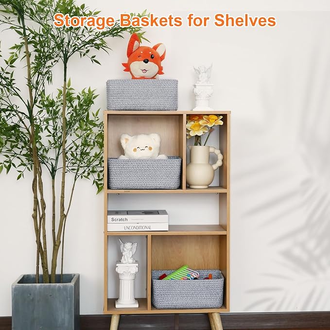 Ordn2Ordn Small Storage Baskets for Organizing, Woven Storage Bins for Shelves, Gift Basket Empty, Cute Decorative Closet Organizer, Baby Rope Basket, Dog Toy Storage, 11x7.5x4.5”, 3Packs Mixed Gray