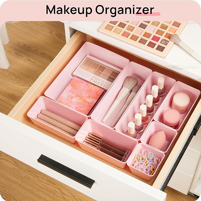 Vtopmart 44 PCS Plastic Drawer Organizers Set, 4-Size Versatile Bathroom and Vanity Organizer Trays, Non-Slip Storage Containers for Makeup, Jewelries, Bedroom, Kitchen Utensils and Office, Pink