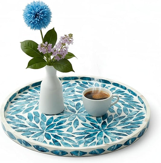 Chunful Mother of Pearl Round Serving Tray 10 Inch Wood Coffee Table Tray for Tea Breakfast Kitchen Cabinet (Leaf Style)