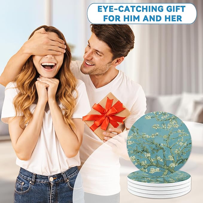 Drinks Coasters Set of 4, Almond Blossoms Round 4" Absorbent Ceramic Stone Coasters with Cork Base, Cute Coaster for Table Home Décor, Ideal Gifts for Women Men