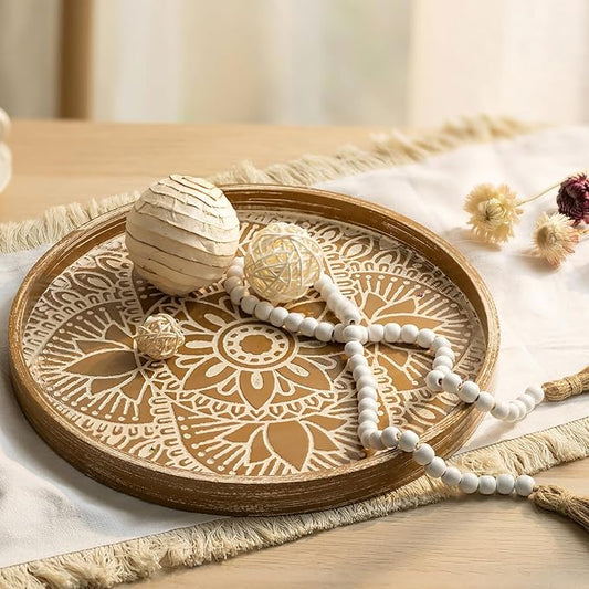 Hanobe Round Decorative Tray for Centerpiece: 2Pcs Vintage Coffee Table Trays with Boho Bead Garlandfor Home Decor - Farmhouse Wood Serving Platter Circle for Kitchen Counter Women