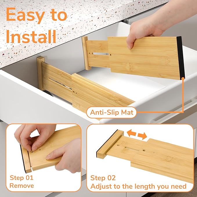 BAMEOS 4 PCS Bamboo Drawer Dividers, Adjustable Drawer Dividers, Kitchen Drawer Organization, Utensil Organizers for Kitchen, Dresser, Bathroom, Bedroom, and Office