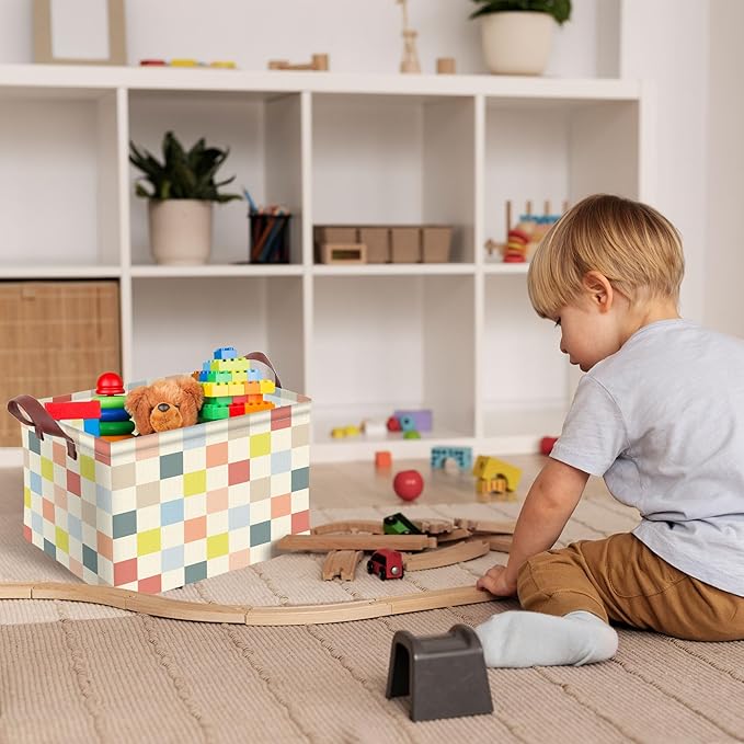 Colorful Checkered Basket Waterproof Canvas Toy Storage Bin Checkered Room Decor Collapsible Outdoor Basket with Leather Handles Colorful Decor Blanket Baskets For Closets,Bedrooms,Gifts Baskets