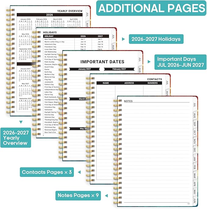 Academic Planner 2026-2027, Weekly and Monthly Calendar Book, July 2026 – June 2027, Hardcover Planner with Tabs, Perfect for Teachers, Students, Women & Men, A5 (6.4" x 8.5") - Wood