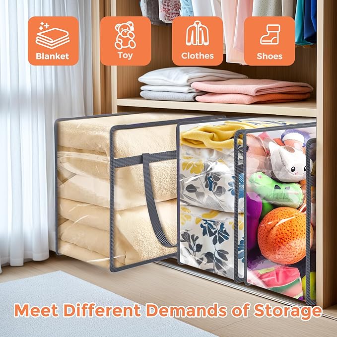 Budding Joy Clear Zippered Storage Bags for Clothes, 40L Closet Organizers and Storage Containers Vinyl Moving Bag for Bedding, Linen, Blankets, Comforters, Clothing & Toys, Grey, 4 Pack