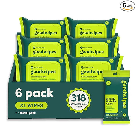 goodwipes Flushable Wipes for Adults - Botanical Bliss Butt Wipes for Women & Men, Septic Safe, Toilet & Bathroom Essentials, Extra Large, 318 Count (6 Packs and 1 Travel Pack)