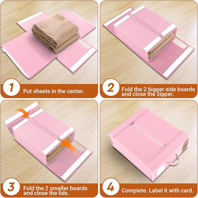 2 Pack Bed Sheet Closet Organizers and Storage,Sturdy Foldable Storage Containers with Window and Label,Storage and Organization for Bedding Sheets,Duvet Covers,Blankets (Pink)