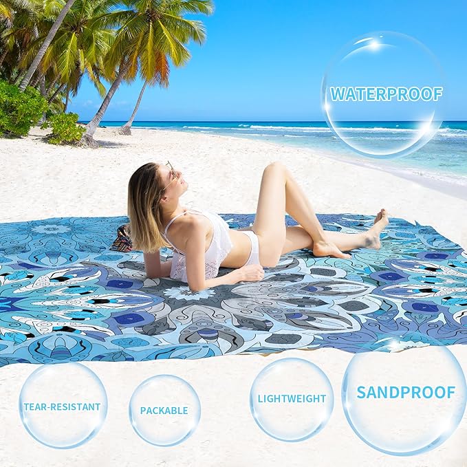 BYDOLL Beach Blanket Waterproof Sandproof 78''×81'' Suits1-4 Adults Compact Lightweight Oversized Sand-Free Blanket Large Picnic Mat for Beach Travel Camping Hiking