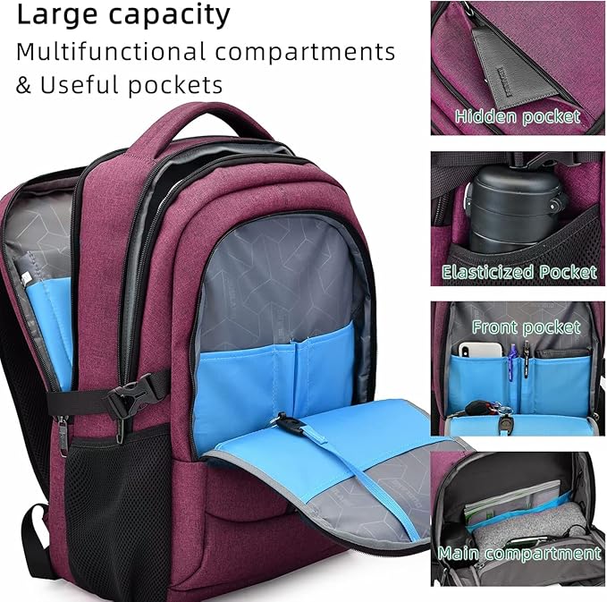 DUSLANG 17 Inch Laptop Backpack for Travel, Water Resistant College Backpack for Women, Laptop Bag with USB Charging Port and Clear Toiletry Bag, Work Backpack, Rose