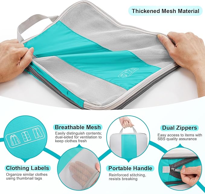10 Set Compression Packing Cubes for Travel Essentials, Compressible Expandable Packing Cubes for Suitcase, OlarHike Luggage Organizer Bags for Travel, Handy Helper for Organizing Clothes (Blue Green)