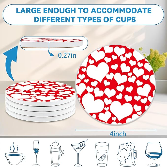 Coasters Set of 4, Red Heart Love Round 4" Cup Coasters, Absorbent Ceramic & Cork Base, Ideal Gifts for Women & Men