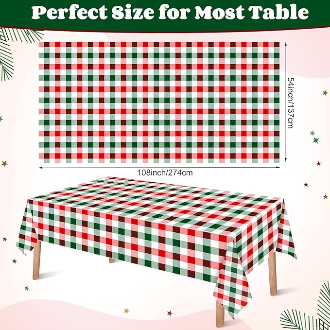 Ganeen 3 Pcs Christmas Buffalo Plaid Tablecloths Disposable Plastic Red and Green Checkered Table Cloths Waterproof Rectangle for Winter Christmas New Year Holiday Party Decor, 54 x 108 Inch