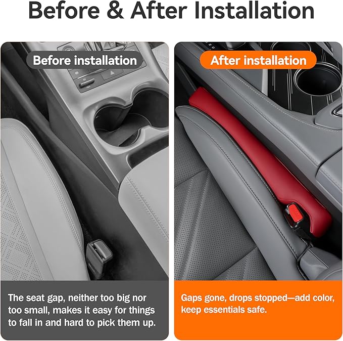 POKSRI Car Seat Gap Filler, 2 Pack Leather Gap Organizers Stop Things from Dropping into The Gap Between Seat and Console, Adjustable Width 1.4-2.4 Inches Fits Most Car/Truck/SUV, Accessories (Wine)
