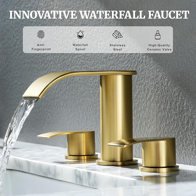 Ultimate Unicorn 8 inch Bathroom Faucet Brushed Gold, Waterfall Bathroom Faucet with Metal Pop-up Sink Drain Stopper and 2 Supply Hoses,2 Handle Widespread Faucets for Vanity Sink 3 Holes