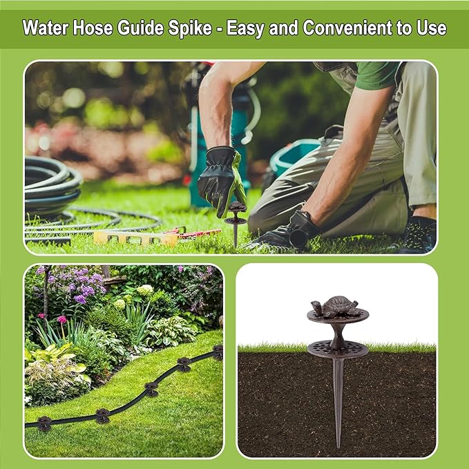 OwnMy Set of 2 Cast Iron Garden Hose Guide Stakes, Heavy-Duty, Decorative Garden Hose Guide Spikes for Lawn, Yard, Outside Plants Protection - Keeping Hoses Away from Flower Beds, Turtle Pattern