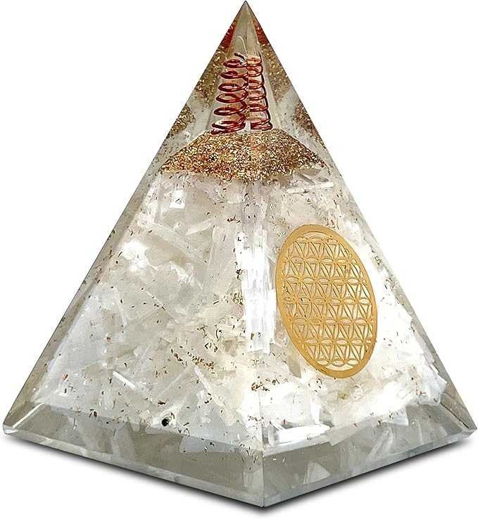 Orgone Selenite Pyramid with Flower of Life – Handmade Orgonite Energy Generator for Meditation, Reiki Healing & Positive Energy