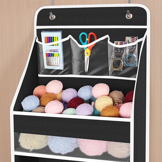 Univivi 6-Shelf Over Door Hanging Organizer, Fabric Baby Door Storage with 5 Large Pockets and 3 Small PVC Pockets, Wall Mount Hanging Storage Organizers for Baby Essentials (Black)