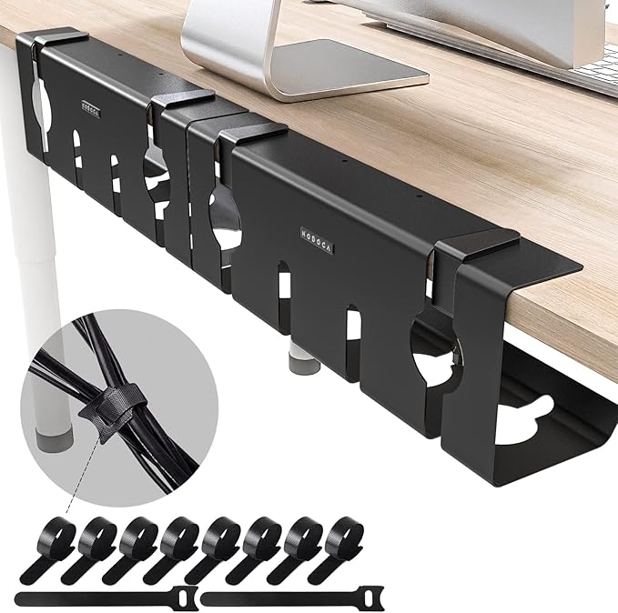 NODOCA No Drill Under Desk Cable Management Tray, 17'' Wire Management, Punch-Free Clamp-On, Metal Cable Tray, Wire Organizer Under Desk, Under Desk Basket for Office and Home, Black (2 Packs)