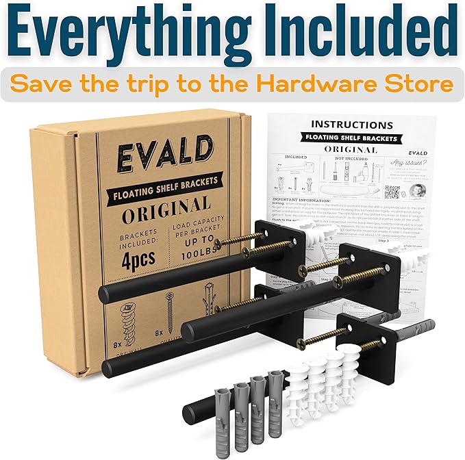 EVALD Standard Floating Shelf Bracket | 6-inch Brackets for Shelves with Anchors and Screws | Invisible Shelf Supports for Home and Office Decor | Suitable for Fireplace Various Wall Types (6 Inch)