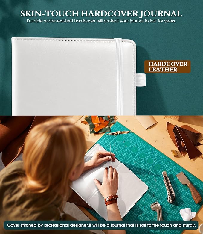 Lined Journal Notebook for Writing, A5 100 GSM Thick Paper, Leather Hardcover Journal for Woman Men, Travel Journal Diary 160 Pages(5.75'' X 8.38'' White)