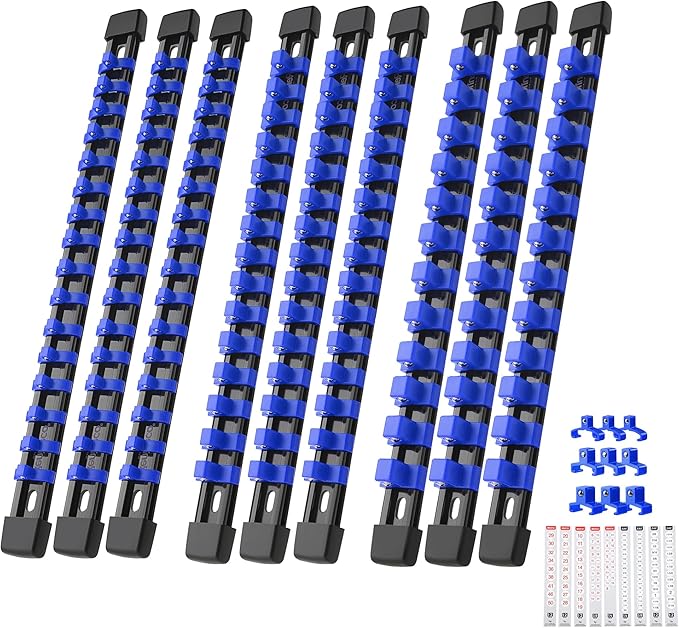 9-Piece Socket Organizer Set - 1/4-Inch x 48 Clips, 3/8-Inch x 45 Clips, 1/2-Inch x 36 Clips, Heavy Duty ABS Socket Holder, Premium Quality Socket Clip Rail Holder for Tool Box Drawer