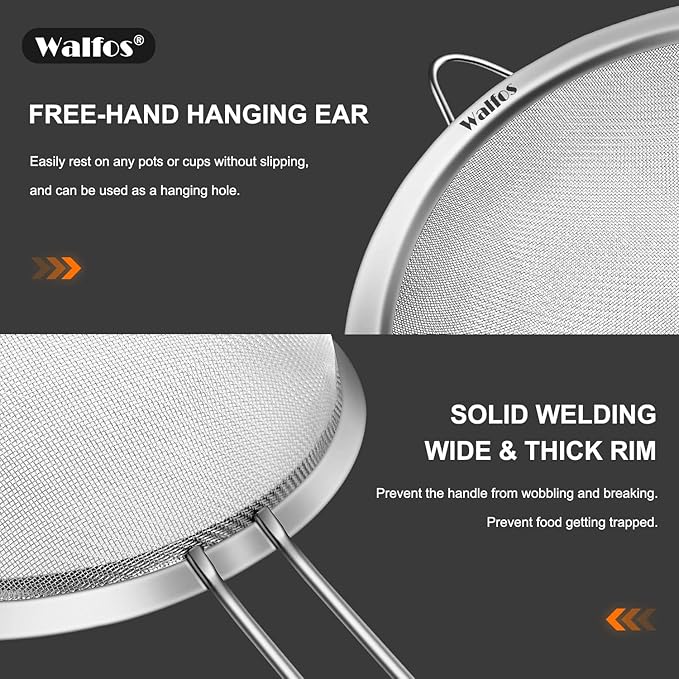 Walfos 4.6 Inch Fine Mesh Strainer, Premium Stainless Steel Colanders and Sifters, with Reinforced Frame and Sturdy Handle, Perfect for Sift, Strain, Drain and Rinse Vegetables, Pastas and Tea