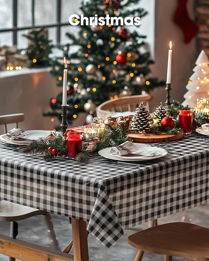 Pureegg Plastic Table Cloth Disposable 10 Pack, 54 x 108 Inch Table Cloths, Party, Picnic, Decorative Gingham Tablecloths, Rectangle, Black and White Checkered Cover, Leakproof & Sturdy, Black Plaid