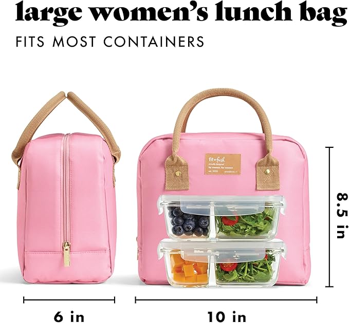 Fit & Fresh Lunch Bag For Women, Insulated Women's Lunch Bag For Work, Leakproof & Stain-Resistant Large Lunch Box For Women With Containers, Zipper Closure Bloomington Bag, Dusty Rose