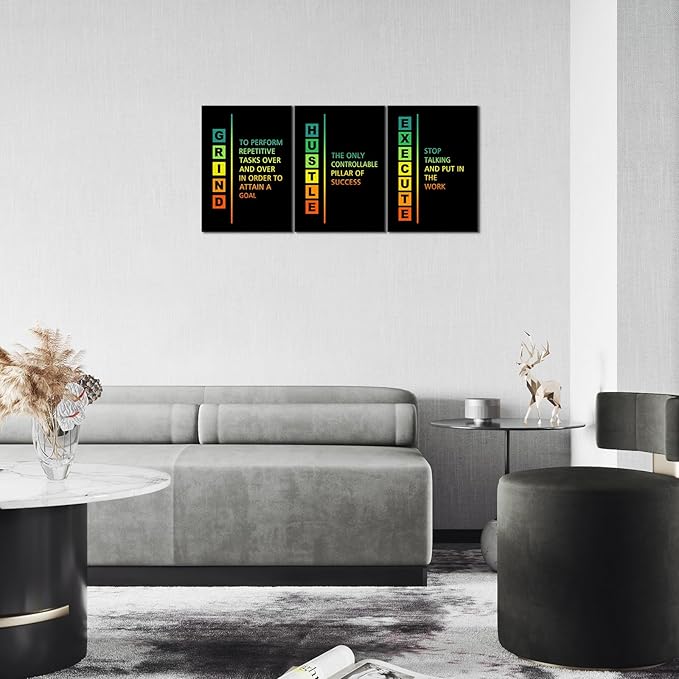 KAWAHONE Motivational Canvas Wall Art, Hustle Grind Execute Wall Art Decor, Black and White Positive Motivational Poster Framed Inspirational Entrepreneurs Painting Prints Quotes Poster for Office Workplace