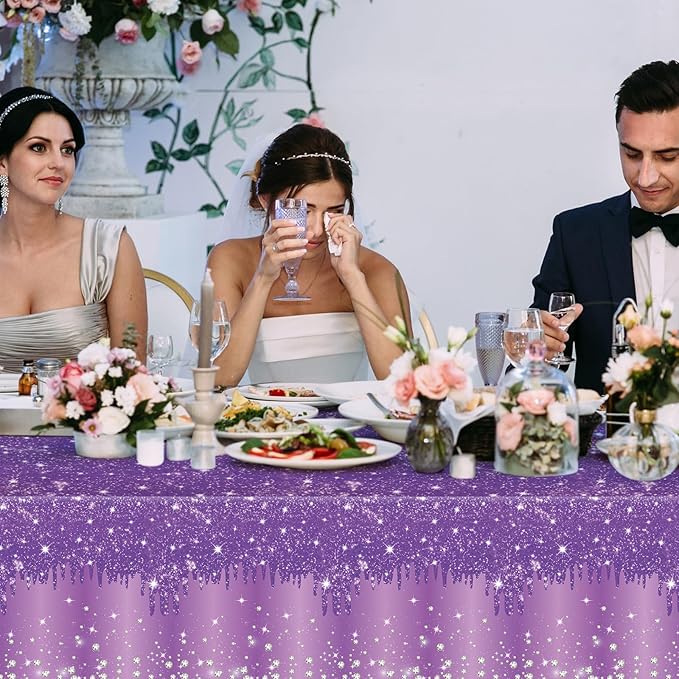 Ganeen 3 Pcs Purple Tablecloths Glitter Sparkling Disposable Plastic Table Cover Sequin Printed Rectangle Tablecloths for Girl Women Birthday Wedding Party Decor Supplies, 54 x 108 Inch