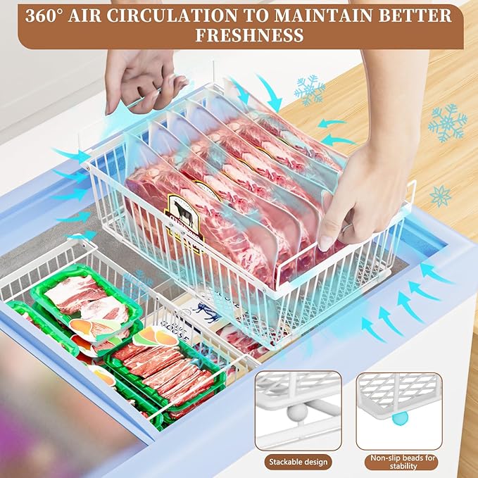 Large Freezer Organizer Bins, Upgraded Bottom Leak-Proof Net, 2 Pack, Expandable Stackable Chest Freezer Containers with Handle, for Fridge, Deep Freezer, Cabinet, Kitchen, Pantry (White-2Pack)