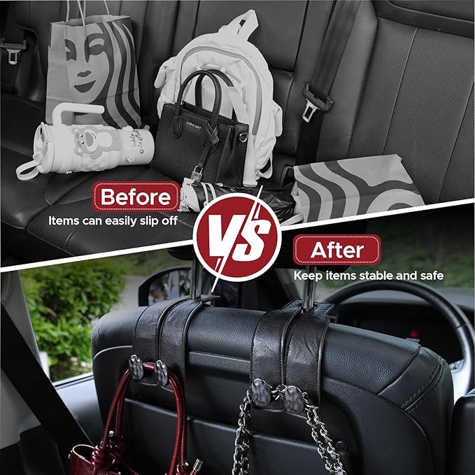 URIZZD 4 PCS Leather Car Seat Hooks for Headrest, Vehicle Hanger Storage Organizer Universal for Handbag Purse, Car Accessories Gift (Black-Black-4 PCS)