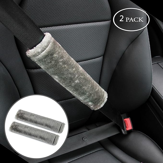 Amooca Soft Faux Fur Universal Fit Seatbelt Cover Car Truck SUV Airplane Seat Belt Shoulder Pad for Camera Backpack Straps Neck Cushion Protector 2 Pack 10.5in Brown Gray