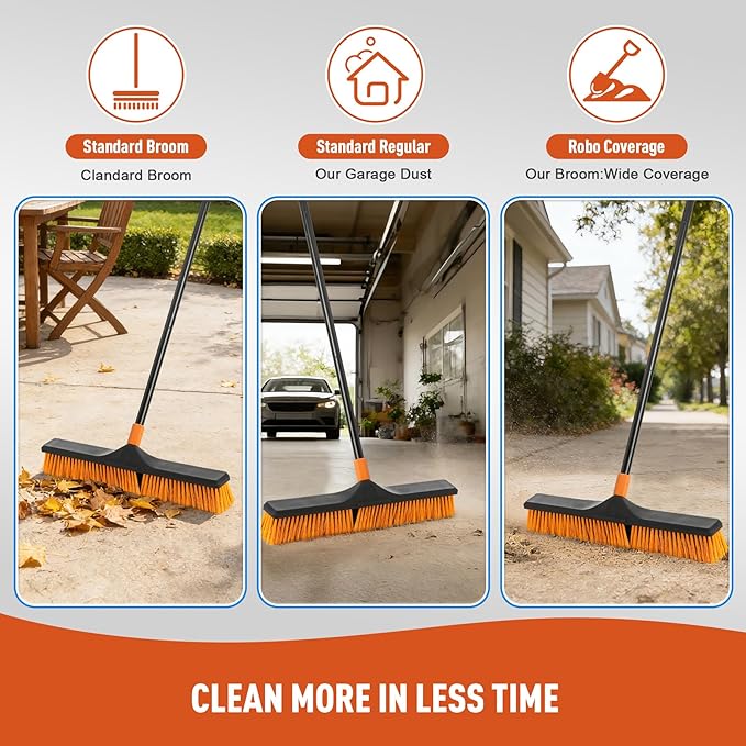 CLEANHOME 24”Push Broom Brush for Floor Cleaning with 65” Long Handle and Stiff Bristles, Heavy Duty Brush for Shop, Deck, Garage, Concrete,Indoor and Outdoor Broom,Orange