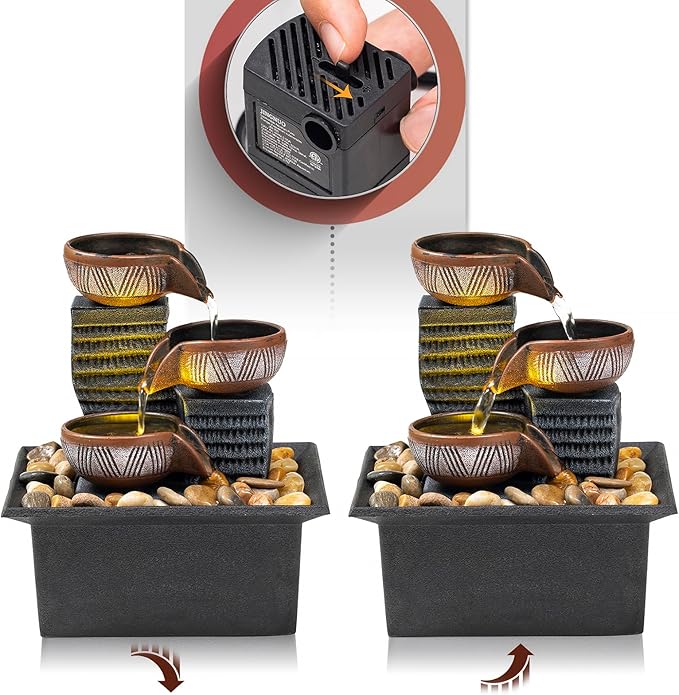 Tabletop Fountain, 3-Tier Desktop Waterfall with LED Lights, Small Indoor Water Feature with Natural River Stones, Suitable as Zen Decor for Home/Office