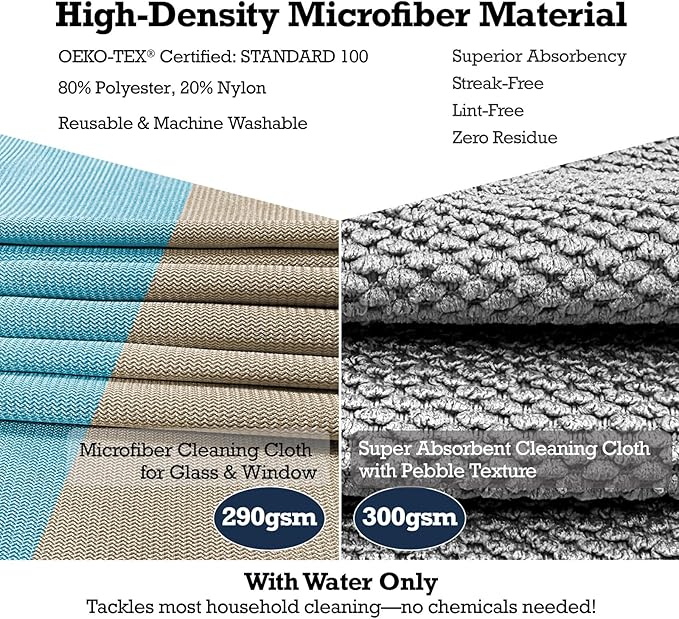 Lint-Free Streak-Free Glass Cleaning Cloth 3-Pack - Microfiber Towels Polish & Scrub with Only Water for Windows, Cars, Mirrors - Blue, Brown, Gray