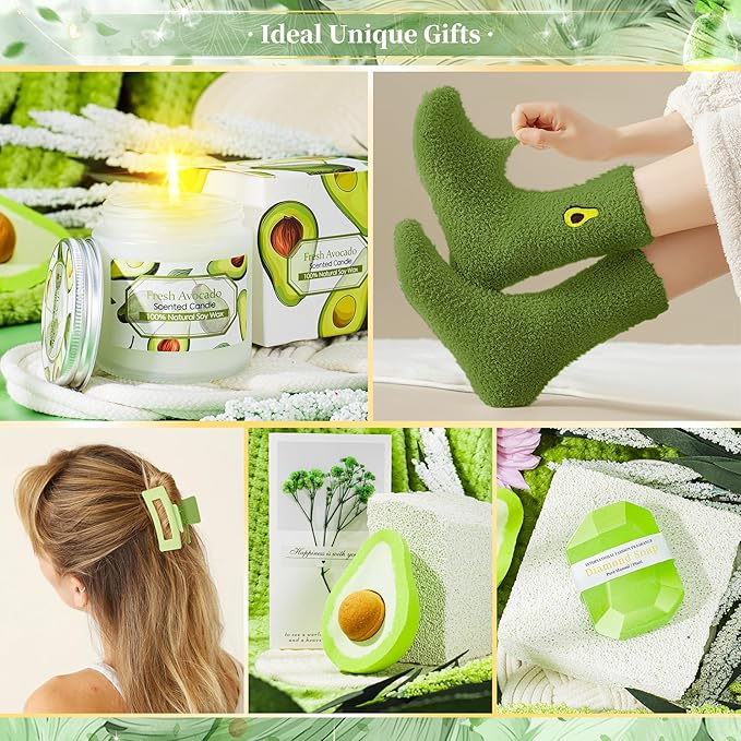 Avocado Self Care Package for Women-12PCS Avocado Themed Birthday Box for Woman Get Well Soon Gift for Women Relaxing Spa Gifts Basket Care Package with Luxury Flannel Blanket