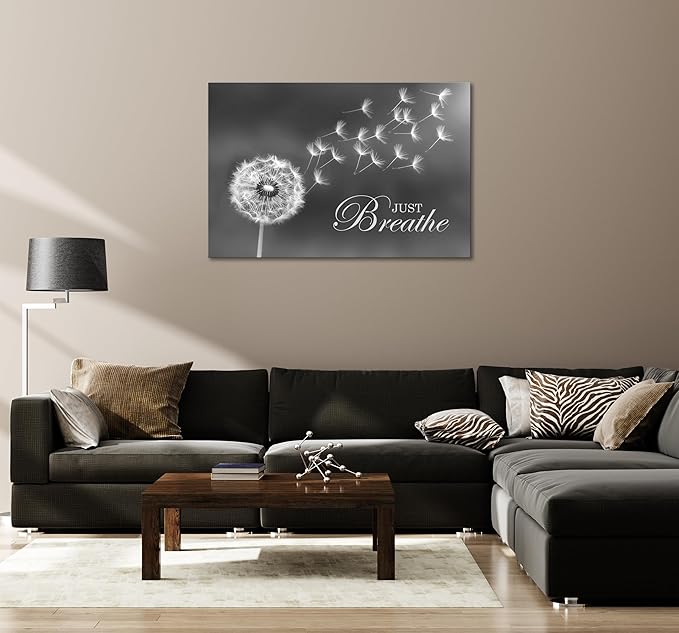SKASNFAI Black and White Dandelion Zen Wall Art Canvas Just Breathe Motivation Positive Picture Art Print for Spa Yoga Meditation Wall Decor Ready to Hang (20L x 30W)