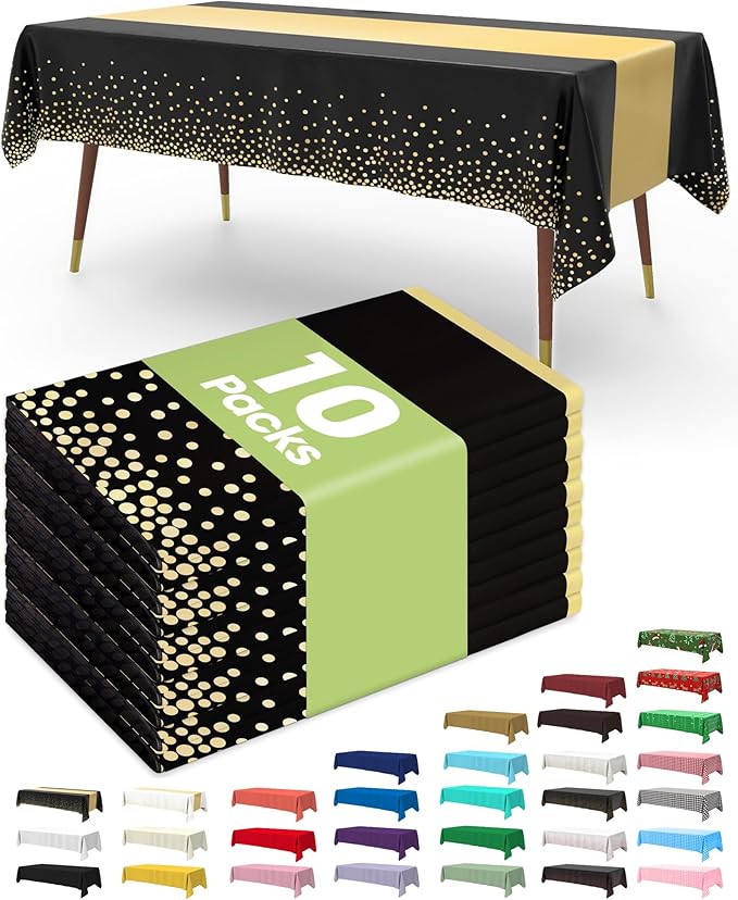 Pureegg Plastic Table Cloth Disposable 10 Pack, 54 x 108 Inch, Table Runner Style, Graduation Decorations 2026, Party Tablecloths, Rectangle, Plastic Cover, Leakproof & Sturdy, Black Gold