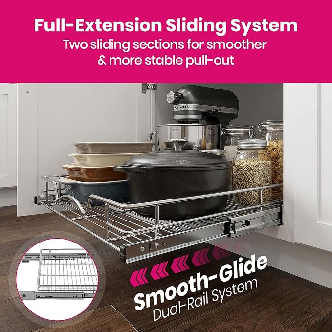HOLDN' STORAGE Pull Out Cabinet Organizer - Heavy Duty Steel with Smooth Slide-Out Drawers, Chrome Finish - 20" W x 17" D Basket, Fits 21.25" Cabinet Opening