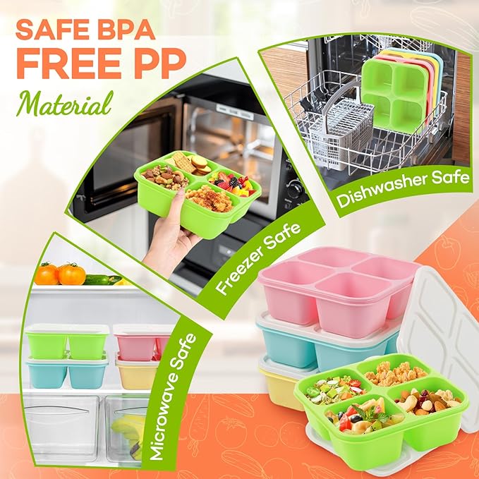 Bento Box Adult Lunch Box- 4 Pack,4 Compartment Snack Containers Reusable Meal Prep Stackable BPA-Free Lunch Containers for Home, Work, Travel (4 Color)