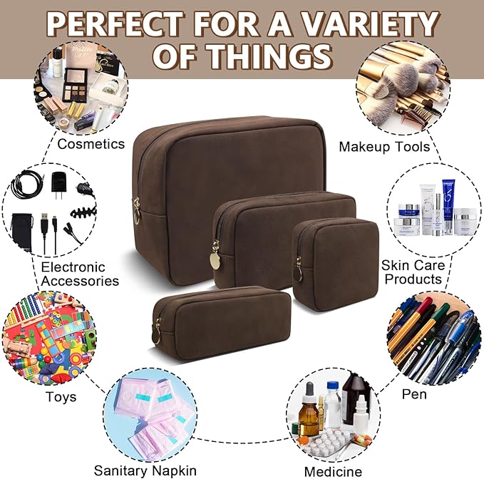 Waterproof Small Makeup Bag for Purse, Cute Pouch Preppy Suede Makeup Brush Holder with Zipper, Girls Teens Portable Storage Case Small Travel Toiletry Bag for Office (Slim-Coffee)