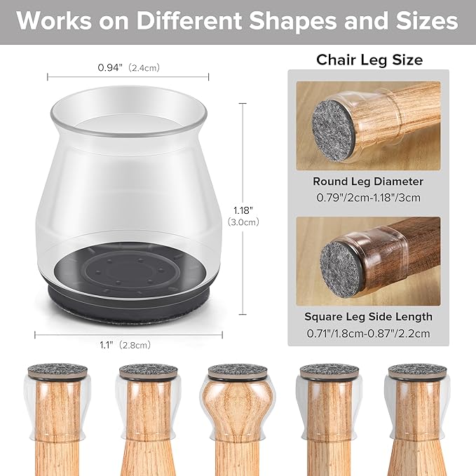 24PCS Upgraded Silicone Chair Leg Floor Protectors for Hardwood Floors, Furniture Sliders for Chair Legs, Felt Bottom Furniture Pads, Anti-Slip Round & Square Cap Covers to Prevent Scratches and Reduce Noise