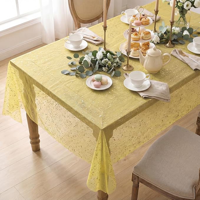Horaldaily Yellow Gauze Tablecloth 60x140 Inch Rectangular, Golden Sequin Glitter Metallic Foil, Sheer Tulle Cheesecloth for Wedding Baby Shower Ceremony Birthday