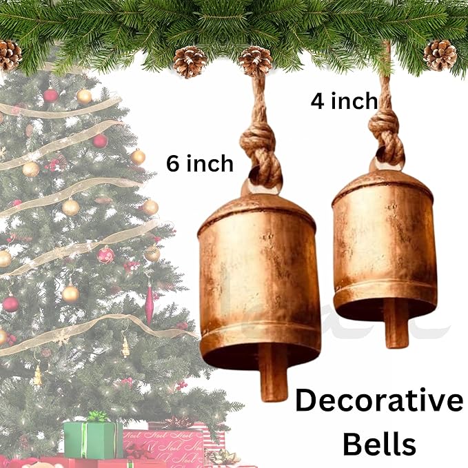 Rustic Decorative Bells Set of 2 - Giant Harmony Cow Bells Huge | Handmade Vintage Christmas Bells Golden Cowbell Country Style Jute Rope Hanging Bell Wall Decor (2X Harmony Bells 4"-6")
