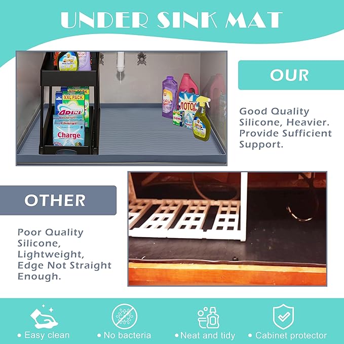 URMONA Waterproof Silicone Under Sink Mat 28'' x 22'' Shelf Liner for Kitchen and Bathroom, Cabinet and Counter Protector, Storage and Organizers, Litter Mat, Pet Cat Puppy Essentials(Green)