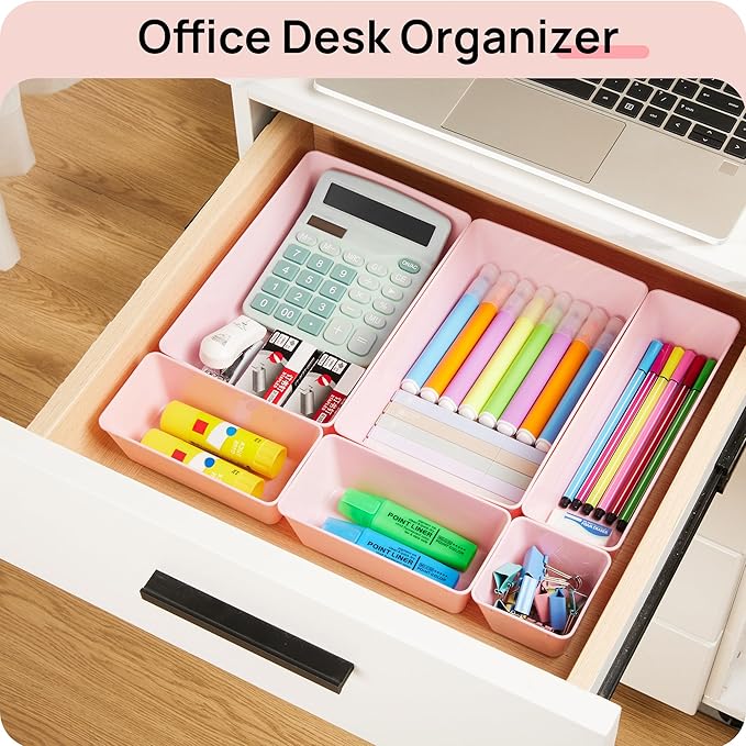 Vtopmart 44 PCS Plastic Drawer Organizers Set, 4-Size Versatile Bathroom and Vanity Organizer Trays, Non-Slip Storage Containers for Makeup, Jewelries, Bedroom, Kitchen Utensils and Office, Pink