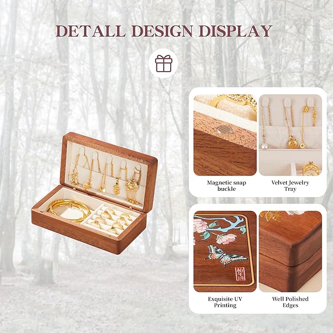 Travel Jewelry Case Small Wood Jewelry Organizer Jewelry Box for Women (Nut-Brown Print G)