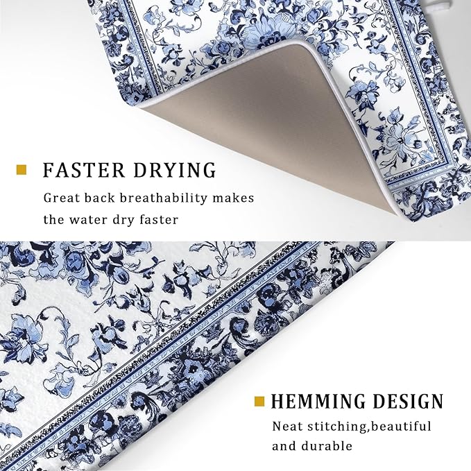 Boho Floral Dish Drying Mat 18x24 Inch Blue Leaves Kitchen Drying Pad Reversible Absorbent Dish Drainer Rack Mats Counter Tableware Decor