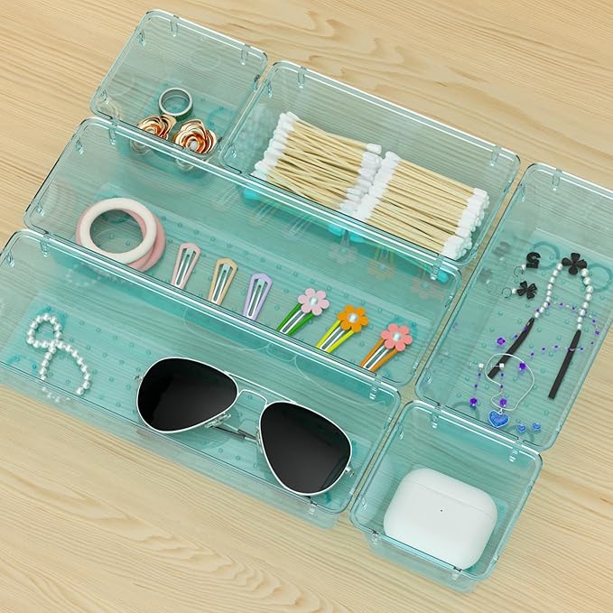 WOWBOX 9 Pack Clear Drawer Organizer Set, Acrylic Drawer Storage Trays, Storage Bins for Makeup, Cosmetics, Jewelry, Utensils, Gadgets, Office, Sea Blue